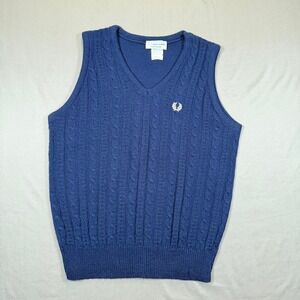 Fred Perry Sportswear Cable Knit Sweater Vest Navy Blue V-Neck Mens Medium